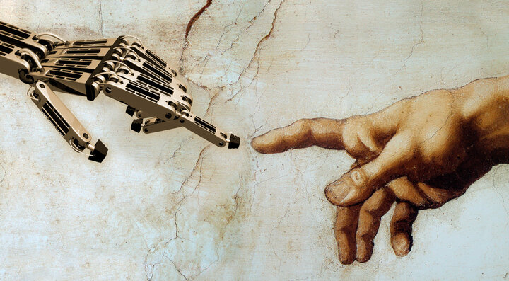 Michelangelo's iconic image of God giving life to Adam is reimagined for the robotic age. Here, God gives life to a robot, a new kind of futuristic Adam.